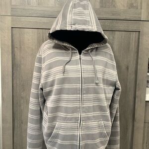 Quiksilver Gray Striped Zippered Hoodie With Sherpa Lining Unisex Size Medium